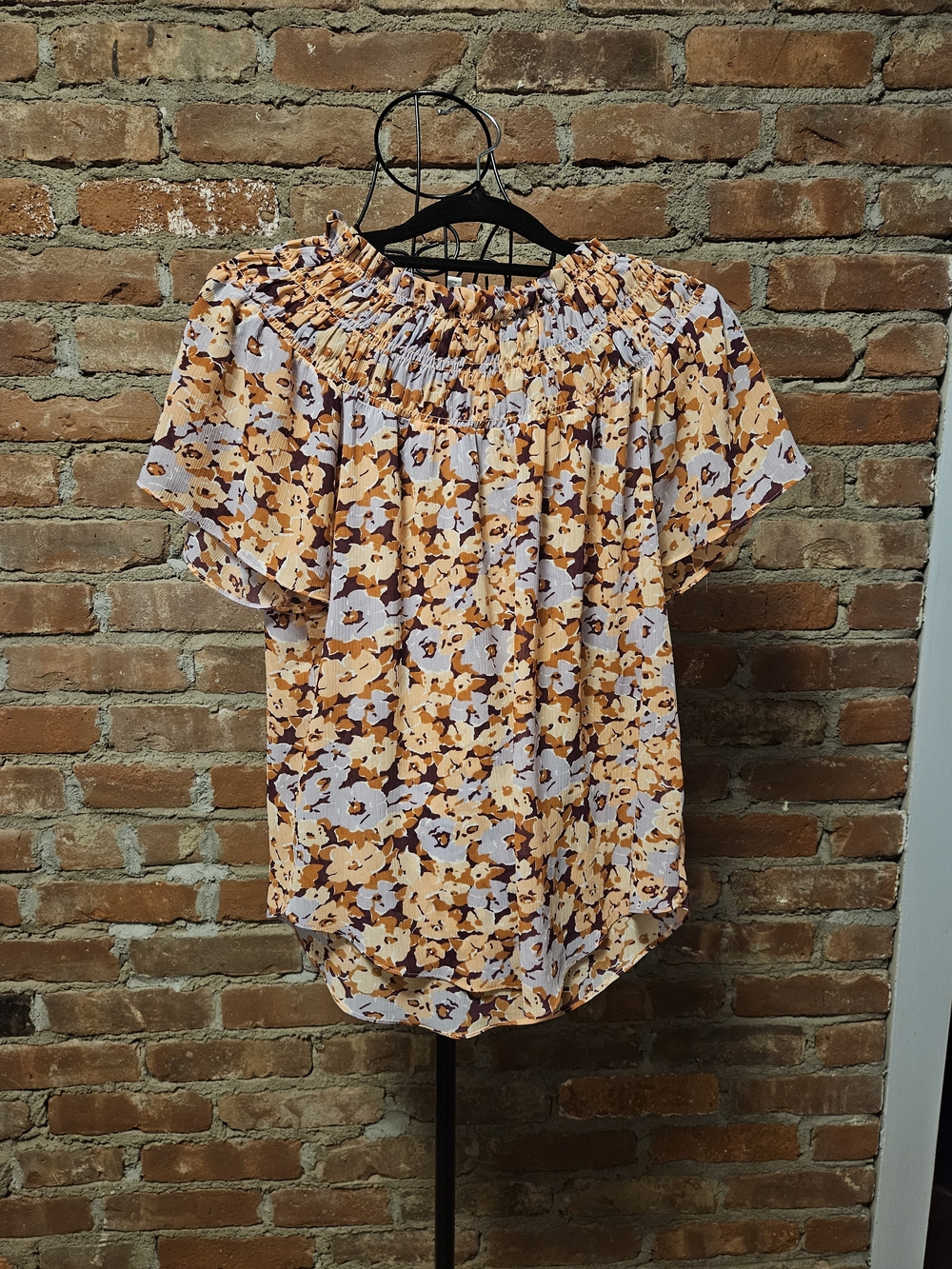 Madewell Peach Tan & Blue  Floral Off-Shoulder Smocked Blouse Size Xsmall